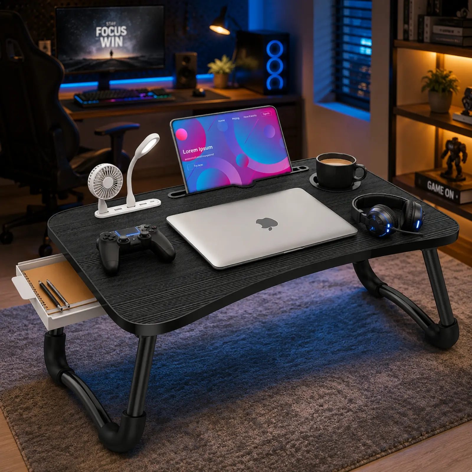 Rectangular Portable Laptop Desk with USB Port - Adjustable Foldable Bed/Couch Work Lap Desk, Small Writing Bed Tray Table with Cup Holder (Black), Default Size