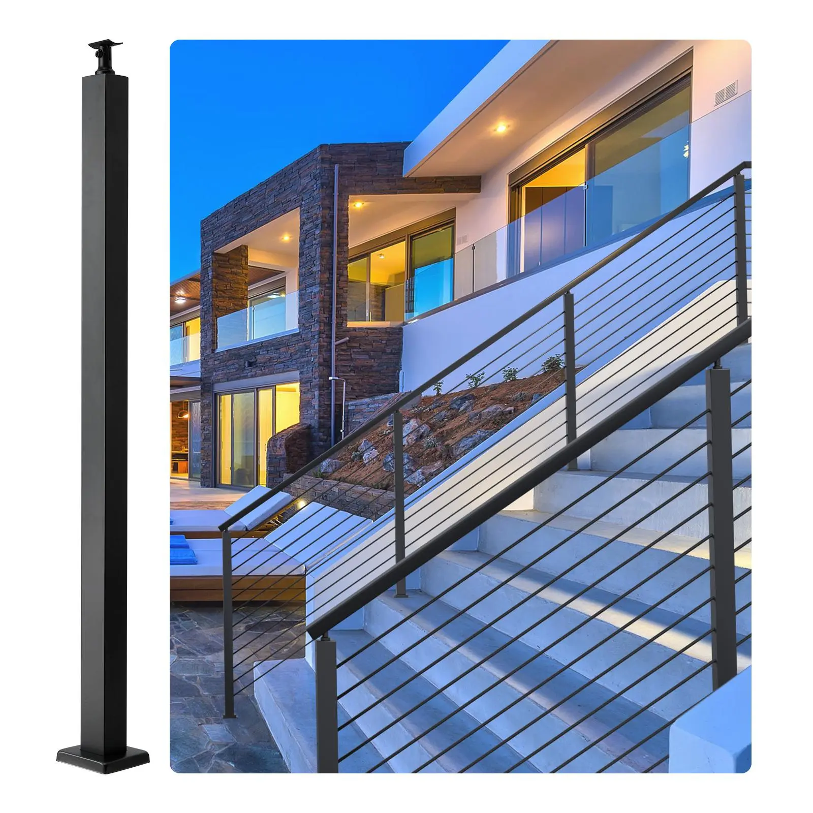 【FathersDayGift】VEVOR Cable Railing Post, 42" x 2" x 2" Steel Level Deck Railing Post Without Holes, SUS304 Stainless Steel Cable Rail Post, Stair Handrail Post with Horizontal and Curved Bracket, 1-Pack, Black