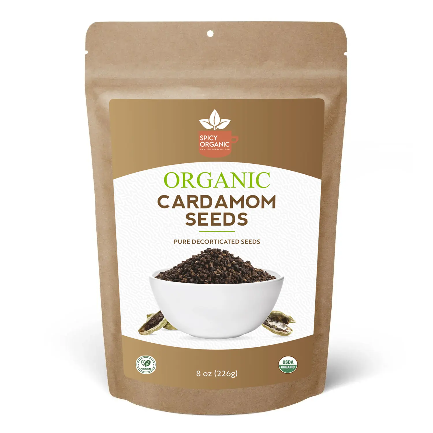 SPICY ORGANIC Decorticated Cardamom Seeds - (8 oz Pack) Flavorful Spice for Culinary Delights, Aromatic Beverages, and Baked Goods Natural
