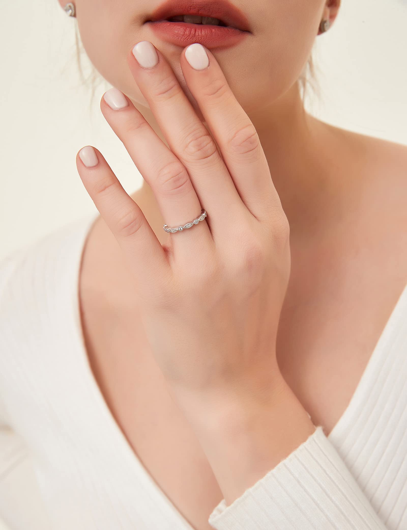 EAMTI 925 Sterling Silver Full Eternity Stackable Ring Cubic Zirconia Marquise & Round Milgrain Wedding Band for Women