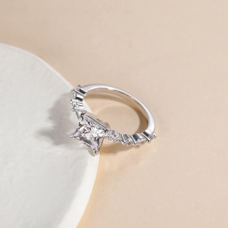 EAMTI 2CT 925 Sterling Silver Ring Princess Cut CZ Engagement Ring Marquise & Round Cubic Zirconia Wedding Band for Women