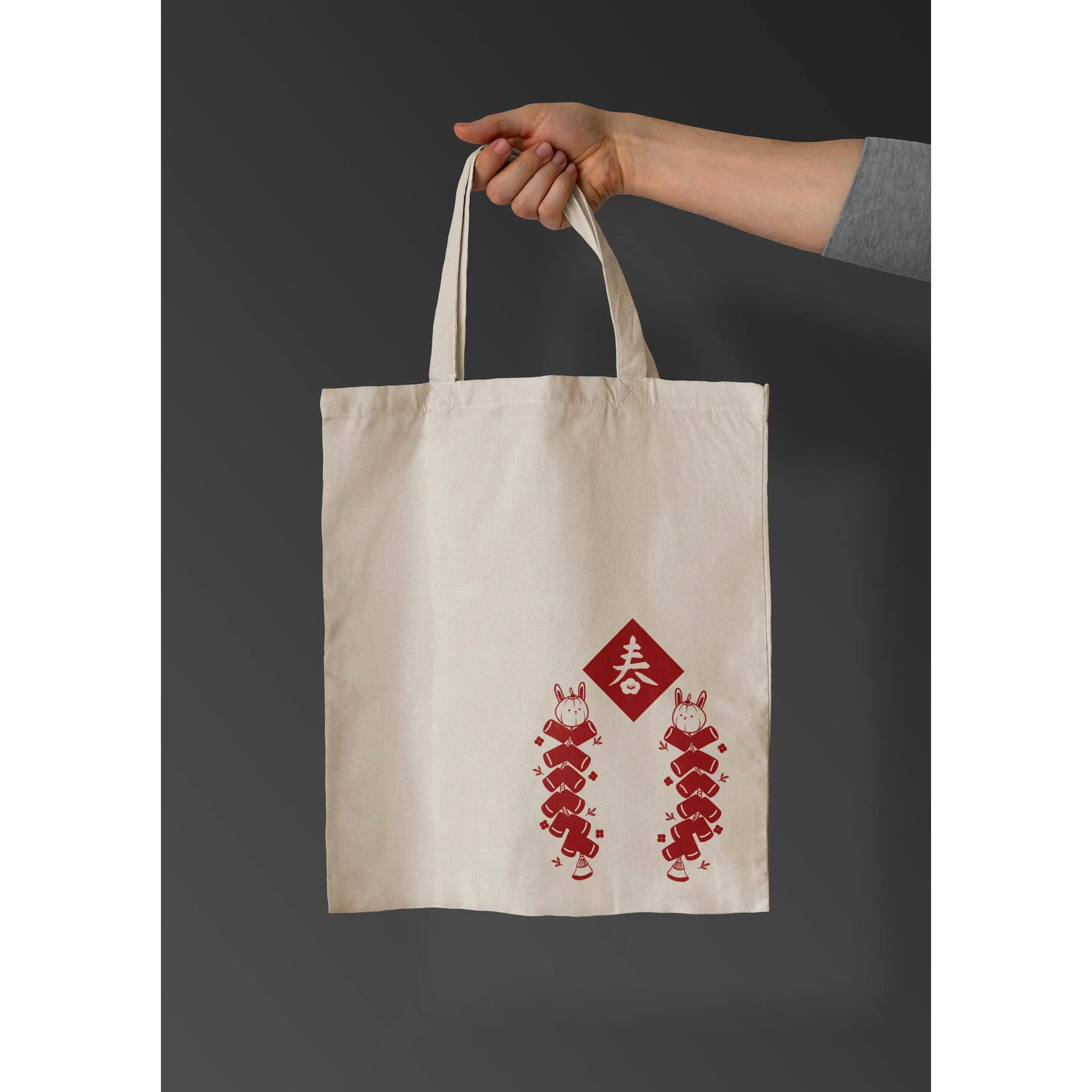 Handmade Lunar New Year Bags | Aesthetic Rabbit Totes | Cute New Year Tote Bag | Gift For Chinese New Year | Canvas Bags for Holiday Gifts