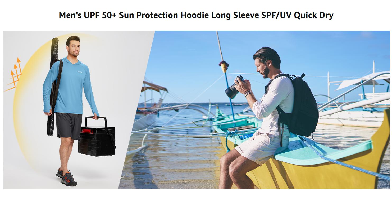 baleaf Men's Sun Protection Hoodie Shirt UPF 50+ Long Sleeve UV SPF T-Shirts Rash Guard Fishing Swimming Lightweight