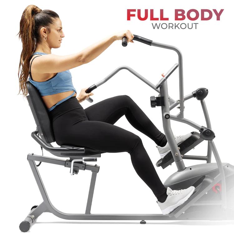 Sunny Health & Fitness Recumbent Bike Elliptical Cross Trainer, Home Gym Workout Fitness, Full-Body Low-Impact Cardio, Adjustable Resistance, Built-In Performance Monitor and Pulse Sensors, Smart, Standard, Electromagnetic, or Magnetic Options