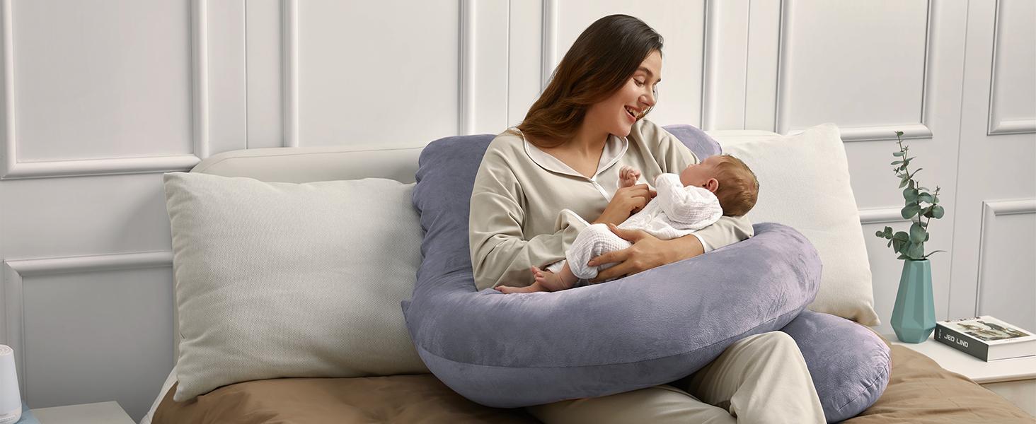 Momcozy Maternity Support Pillows, U Shaped Full Body Pregnancy Pillow with Removable Cover, 57 Inch Maternity Pillows for Sleeping, Grey【B】