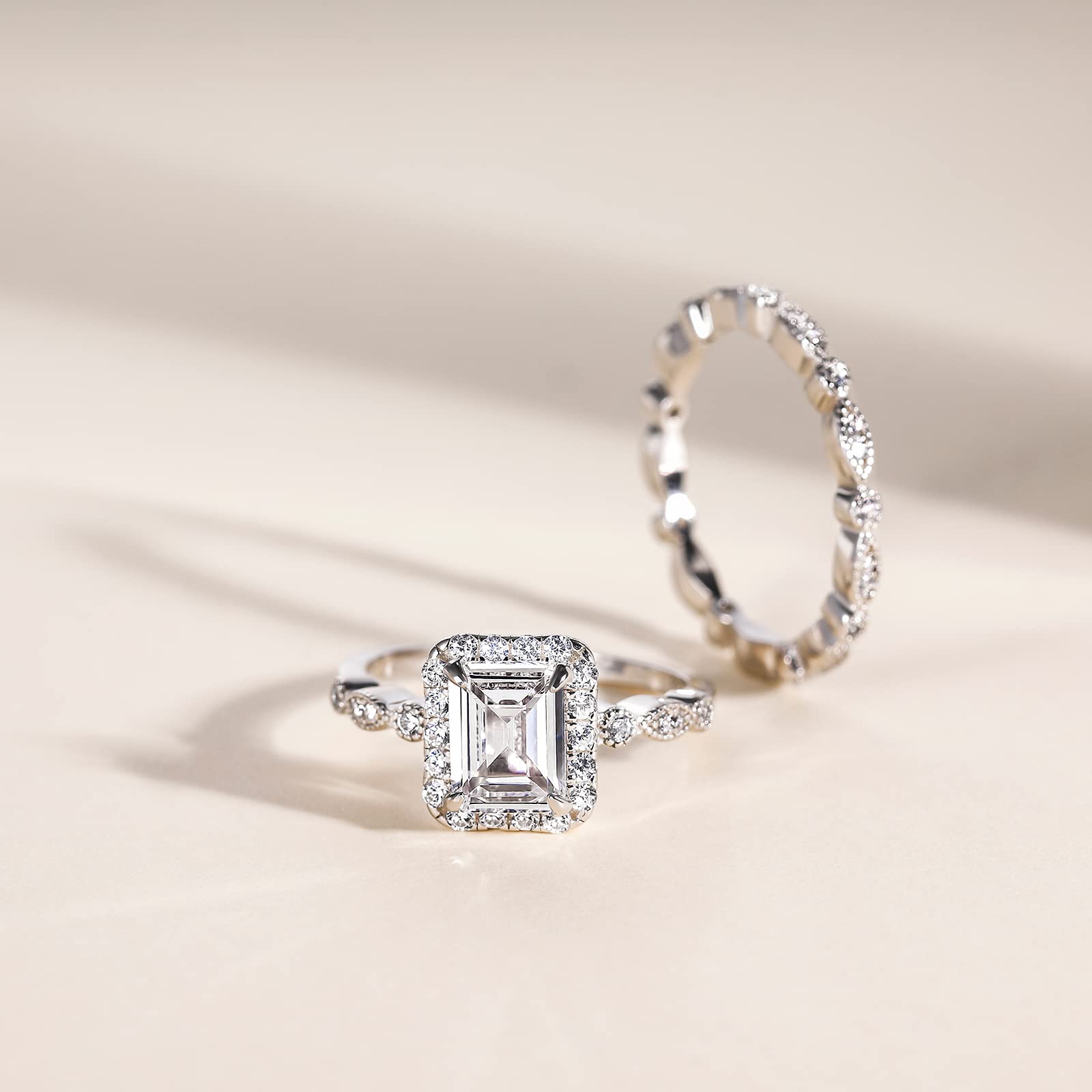 EAMTI 2CT 925 Sterling Silver Bridal Ring Sets Cubic Zirconia Wedding Bands for Women