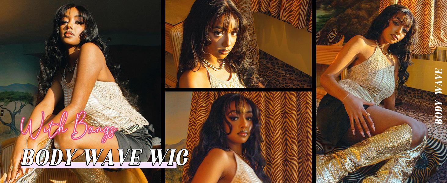 West Kiss Glueless Wig With Bangs Body Wave 5x5 Lace Closure Wig Human Hair Ready To Go Wig