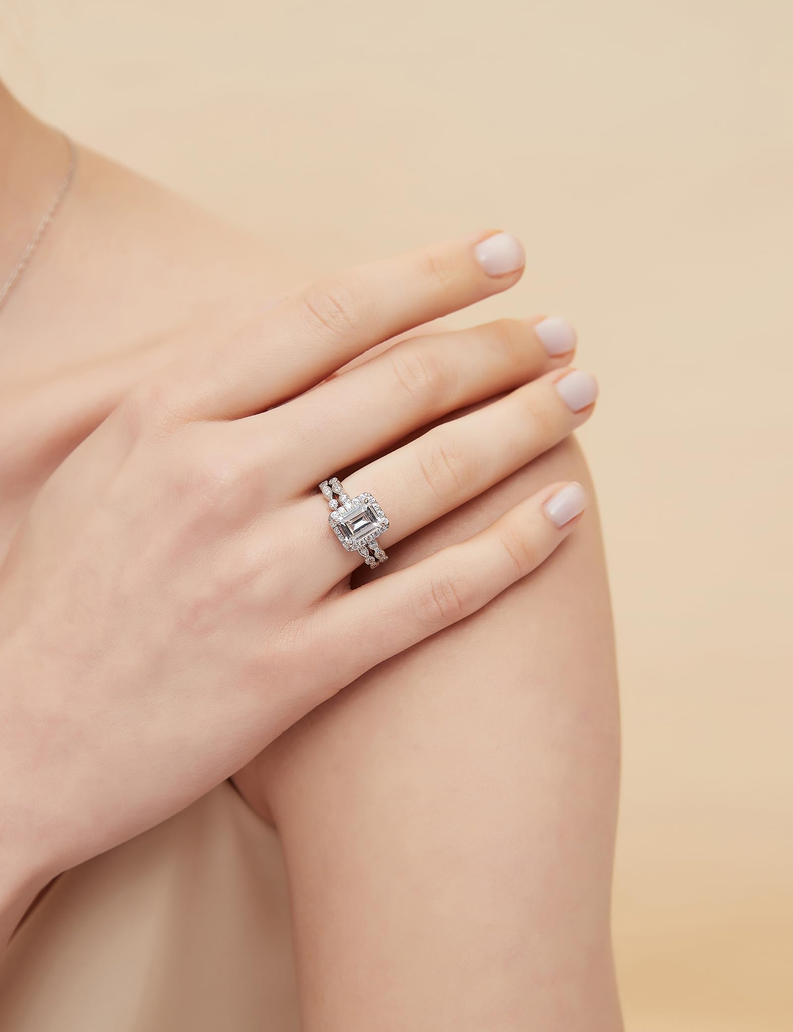 EAMTI 2CT 925 Sterling Silver Bridal Ring Sets Cubic Zirconia Wedding Bands for Women