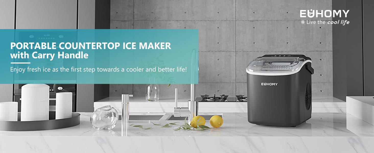 EUHOMY Ice Maker Countertop with Handle, 26lbs in 24Hrs, 9 Ice Cubes Ready in 6 Mins, Auto-Cleaning Portable Ice Maker with Basket and Scoop, for Home/Kitchen/Camping/RV. (2024 New Silver) Utensils EUHOMY Ice Maker Countertop with Handle, 26lbs in 24Hrs, 9 Ice Cubes Ready in 6 Mins, Auto-Cleaning Portable Ice Maker with Basket and Scoop, for Home/Kitchen/Camping/RV. (2024 New Silver) Utensils