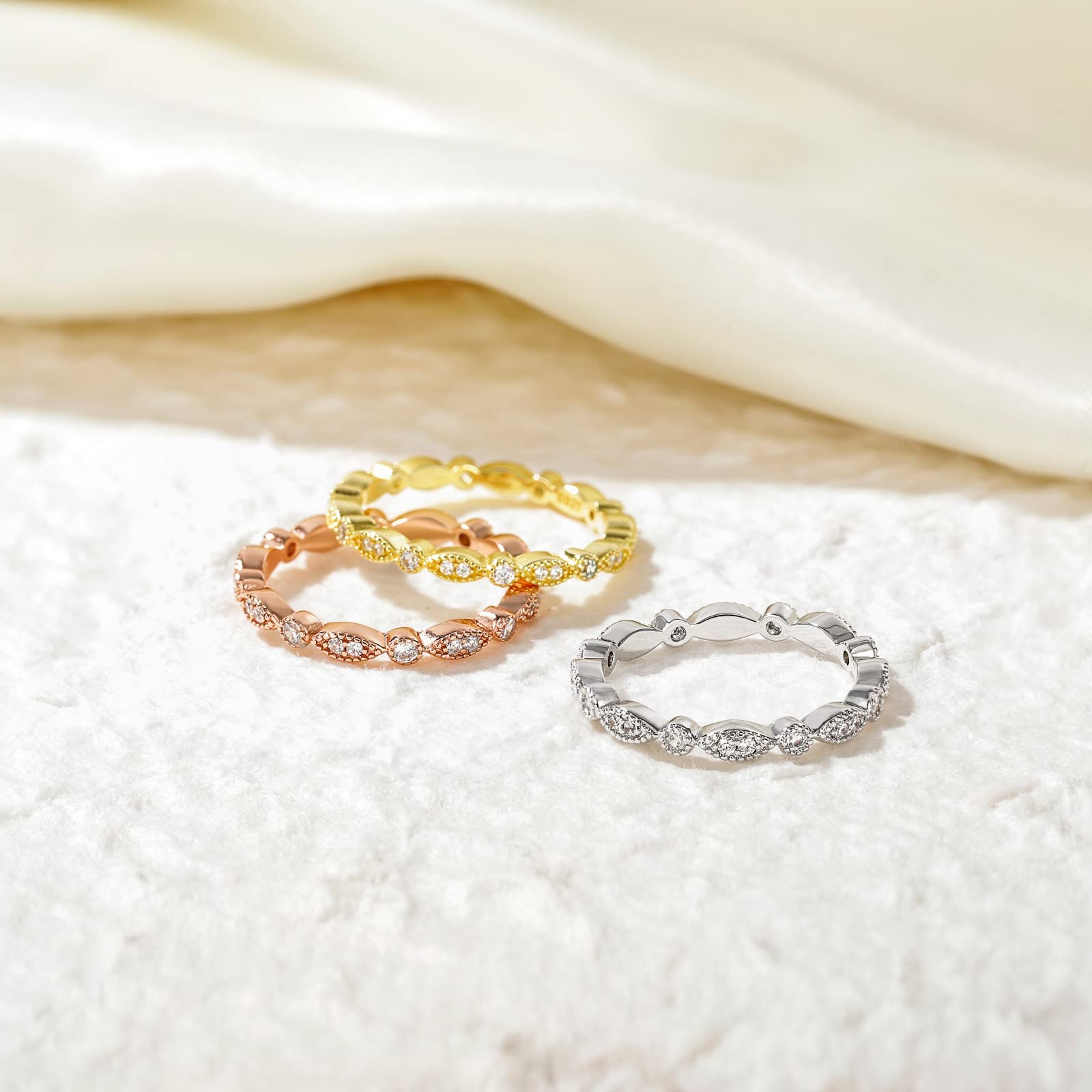 EAMTI 925 Sterling Silver Full Eternity Stackable Ring Cubic Zirconia Marquise & Round Milgrain Wedding Band for Women