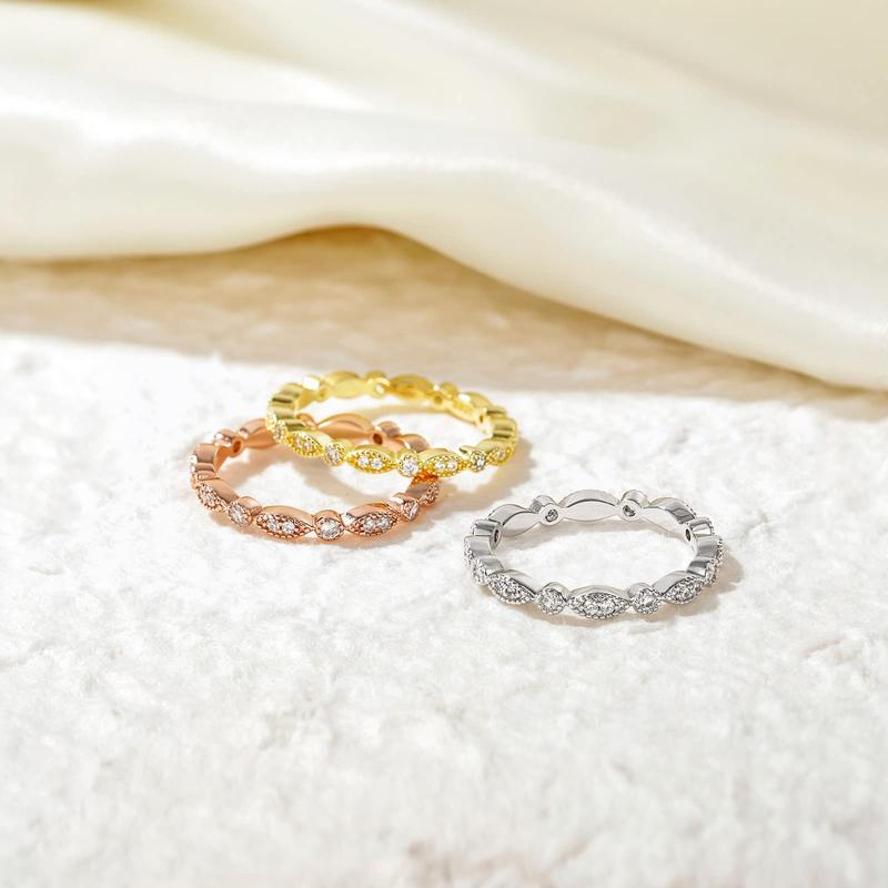 EAMTI 925 Sterling Silver Full Eternity Stackable Ring Cubic Zirconia Marquise & Round Milgrain Wedding Band for Women