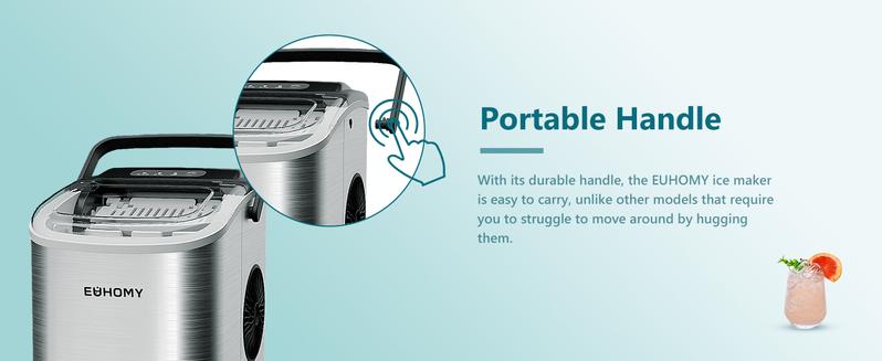 EUHOMY Ice Maker Countertop with Handle, 26lbs in 24Hrs, 9 Ice Cubes Ready in 6 Mins, Auto-Cleaning Portable Ice Maker with Basket and Scoop, for Home/Kitchen/Camping/RV. (2024 New Silver) Utensils EUHOMY Ice Maker Countertop with Handle, 26lbs in 24Hrs, 9 Ice Cubes Ready in 6 Mins, Auto-Cleaning Portable Ice Maker with Basket and Scoop, for Home/Kitchen/Camping/RV. (2024 New Silver) Utensils
