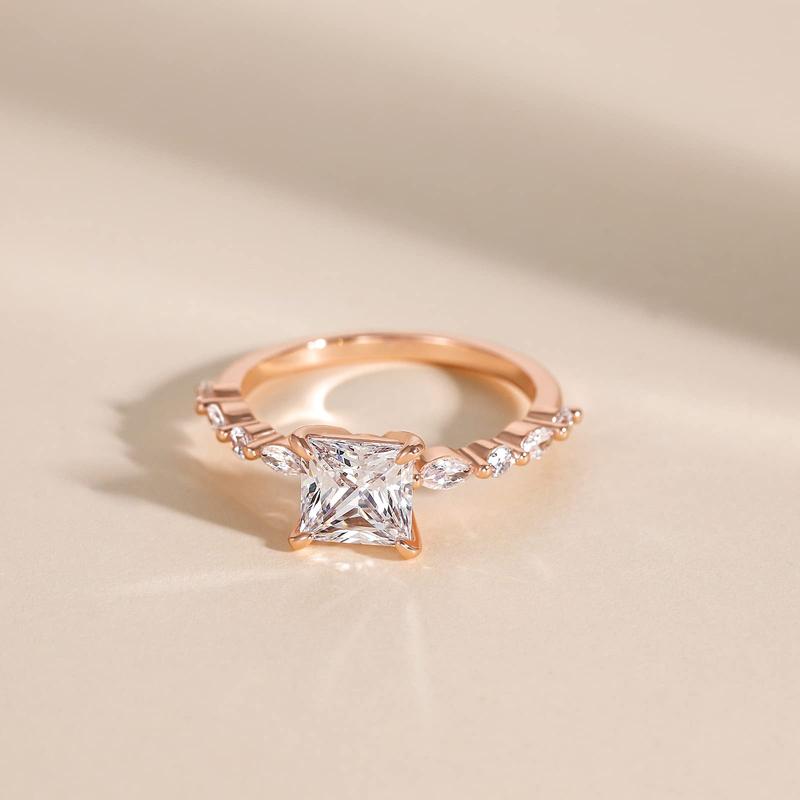 EAMTI 2CT 925 Sterling Silver Ring Princess Cut CZ Engagement Ring Marquise & Round Cubic Zirconia Wedding Band for Women