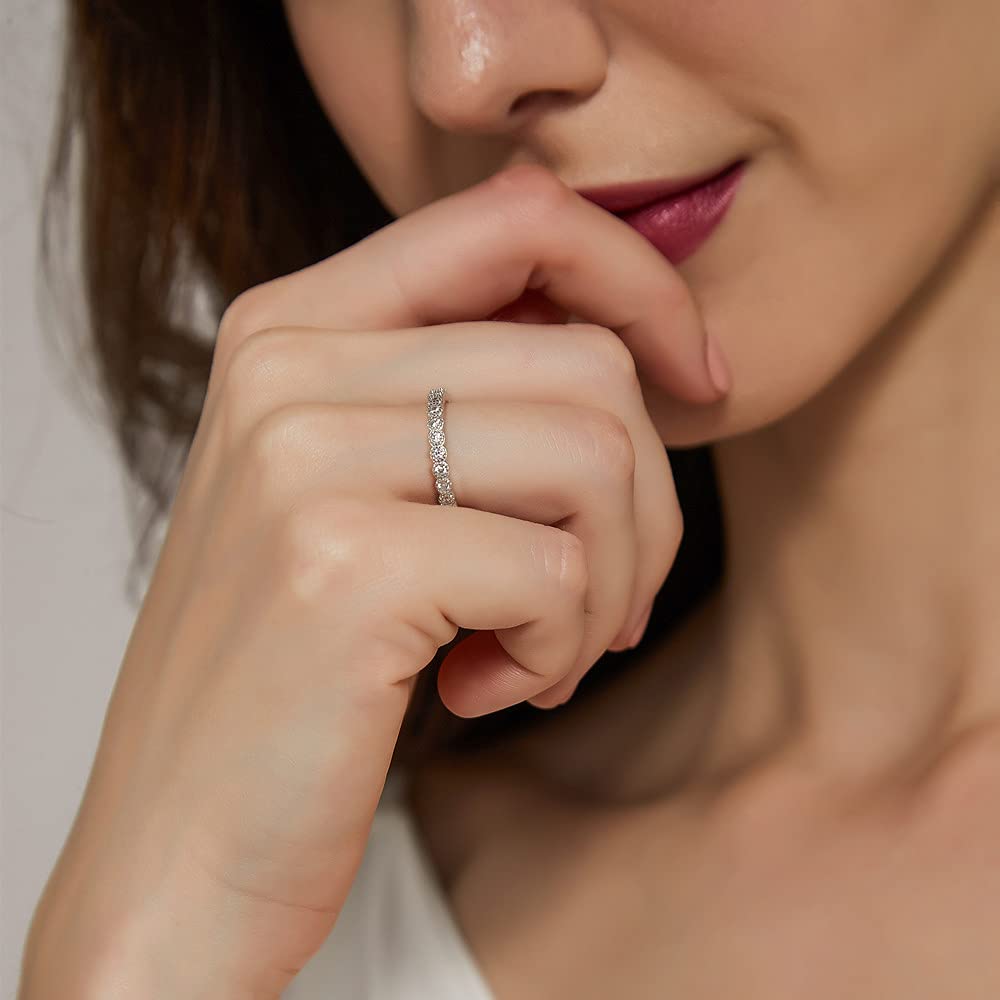 EAMTI 2mm 925 Sterling Silver Wedding Band Cubic Zirconia Full Eternity Milgrain Stackable Engagement Ring