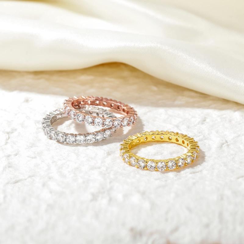 EAMTI 3mm 925 Sterling Silver Wedding Band Cubic Zirconia Full Eternity Stackable Engagement Ring For Women