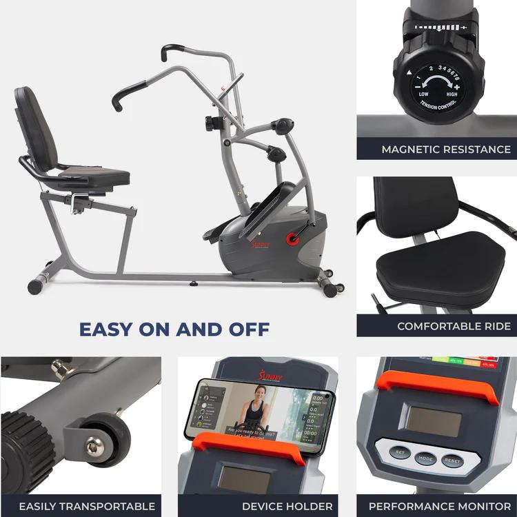 Sunny Health & Fitness Recumbent Bike Elliptical Cross Trainer, Home Gym Workout Fitness, Full-Body Low-Impact Cardio, Adjustable Resistance, Built-In Performance Monitor and Pulse Sensors, Smart, Standard, Electromagnetic, or Magnetic Options