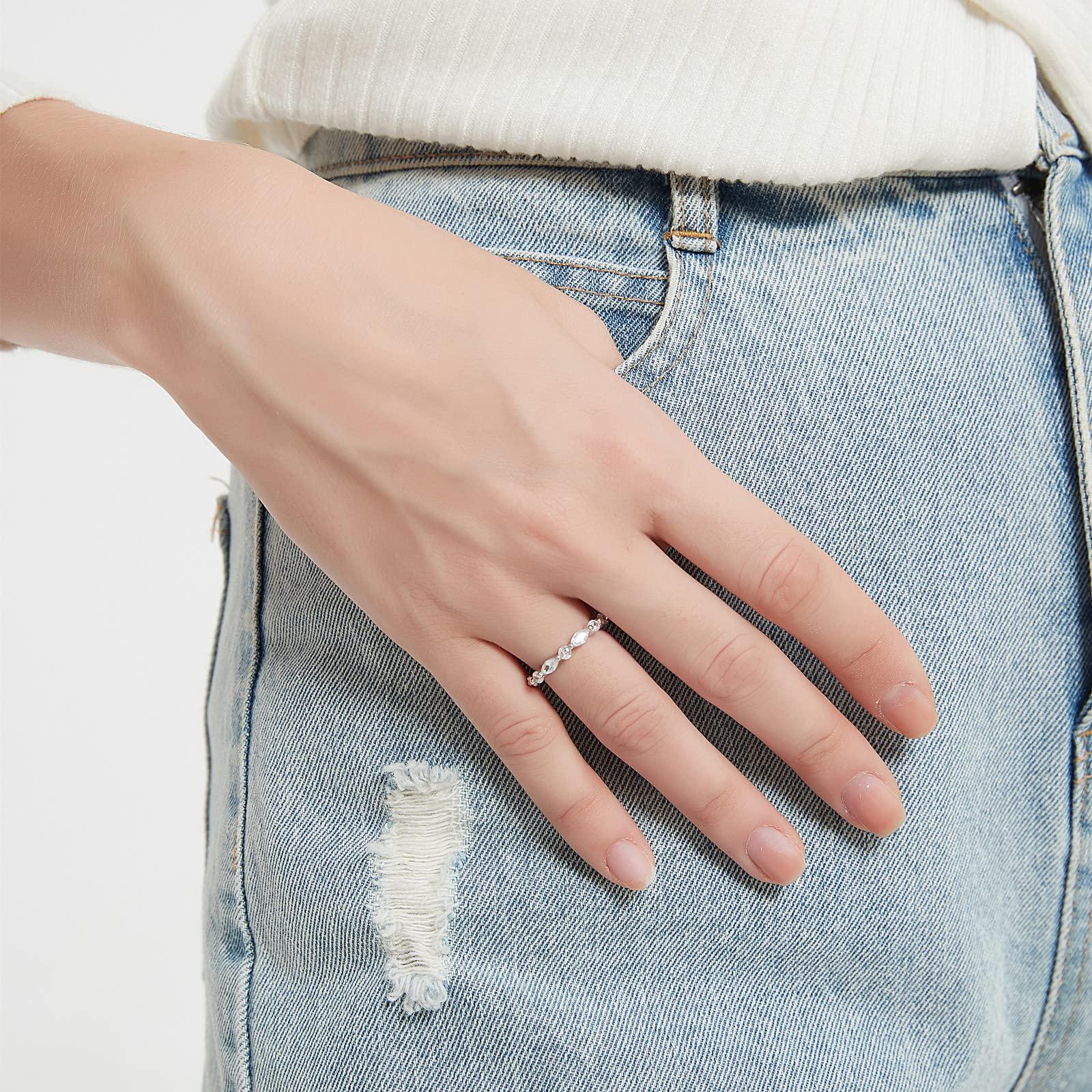 EAMTI 2mm 925 Sterling Silver Wedding Band Cubic Zirconia Half Eternity Stackable Engagement Ring